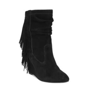 INC Everleeh Fringe Wedge Pointed Toe Slouch Suede Boots Booties Black 8.5